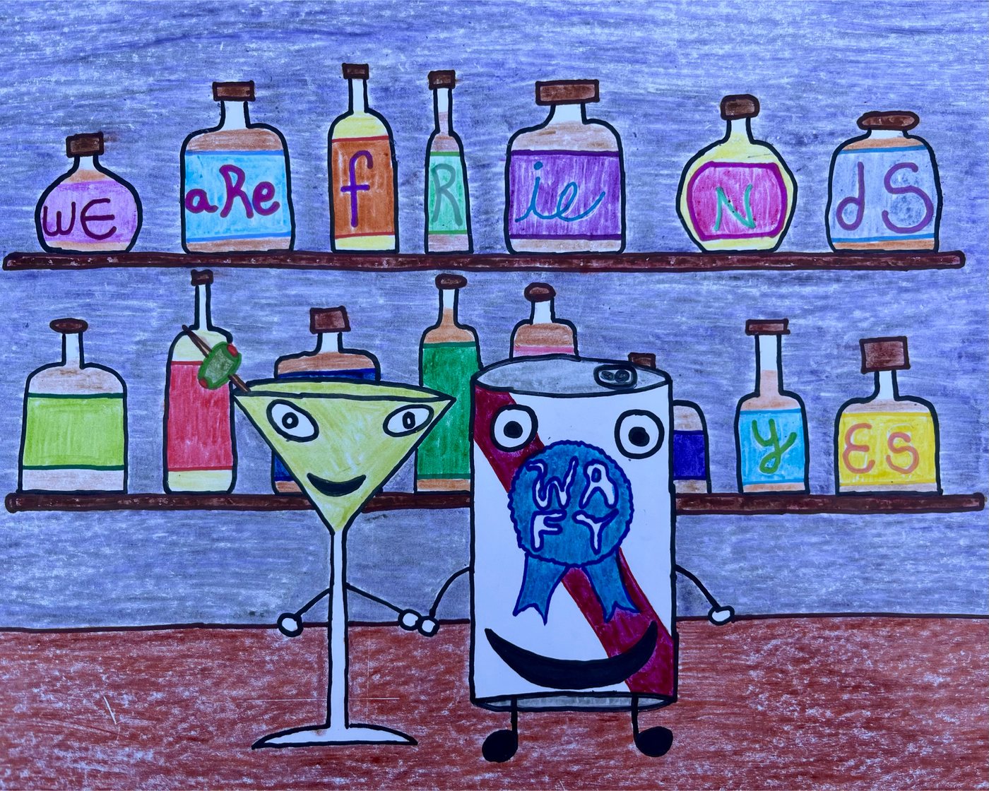 A martini and a beer can holding hands at a bar