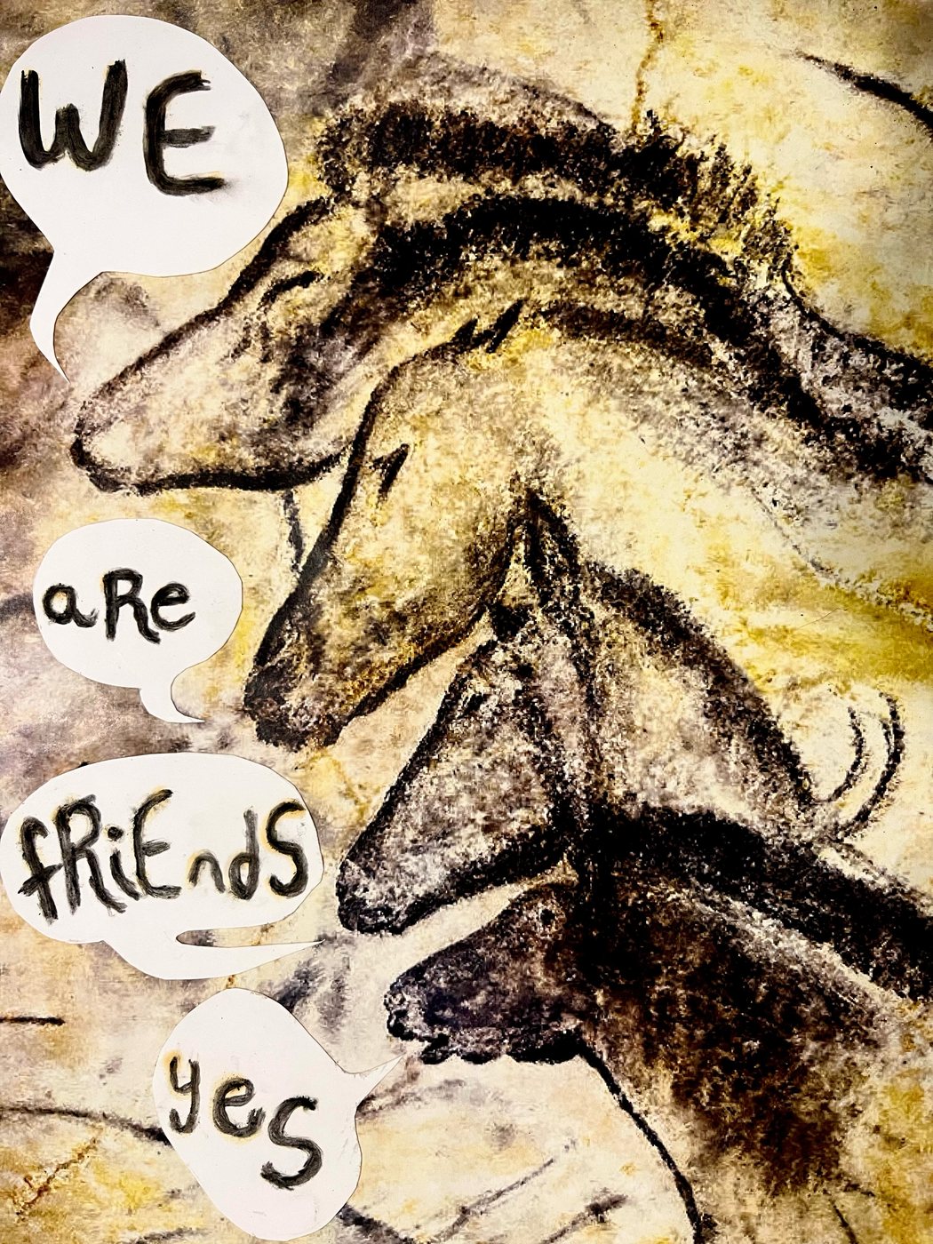 Speech bubbles over the Chauvet cave horses