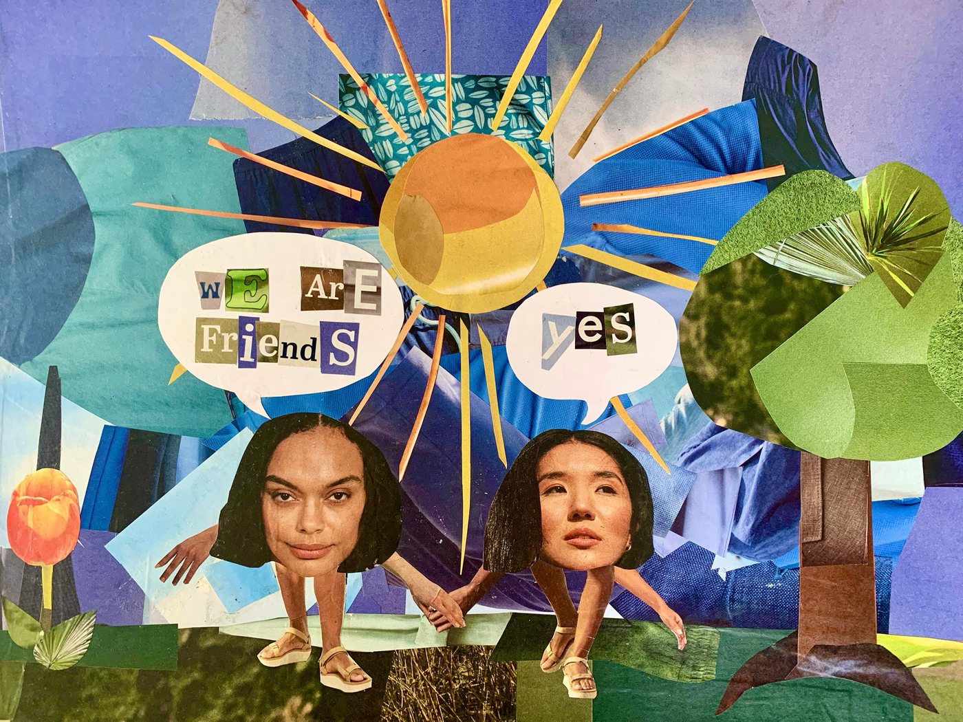 Magazine collage of two friends holding hands under a sun