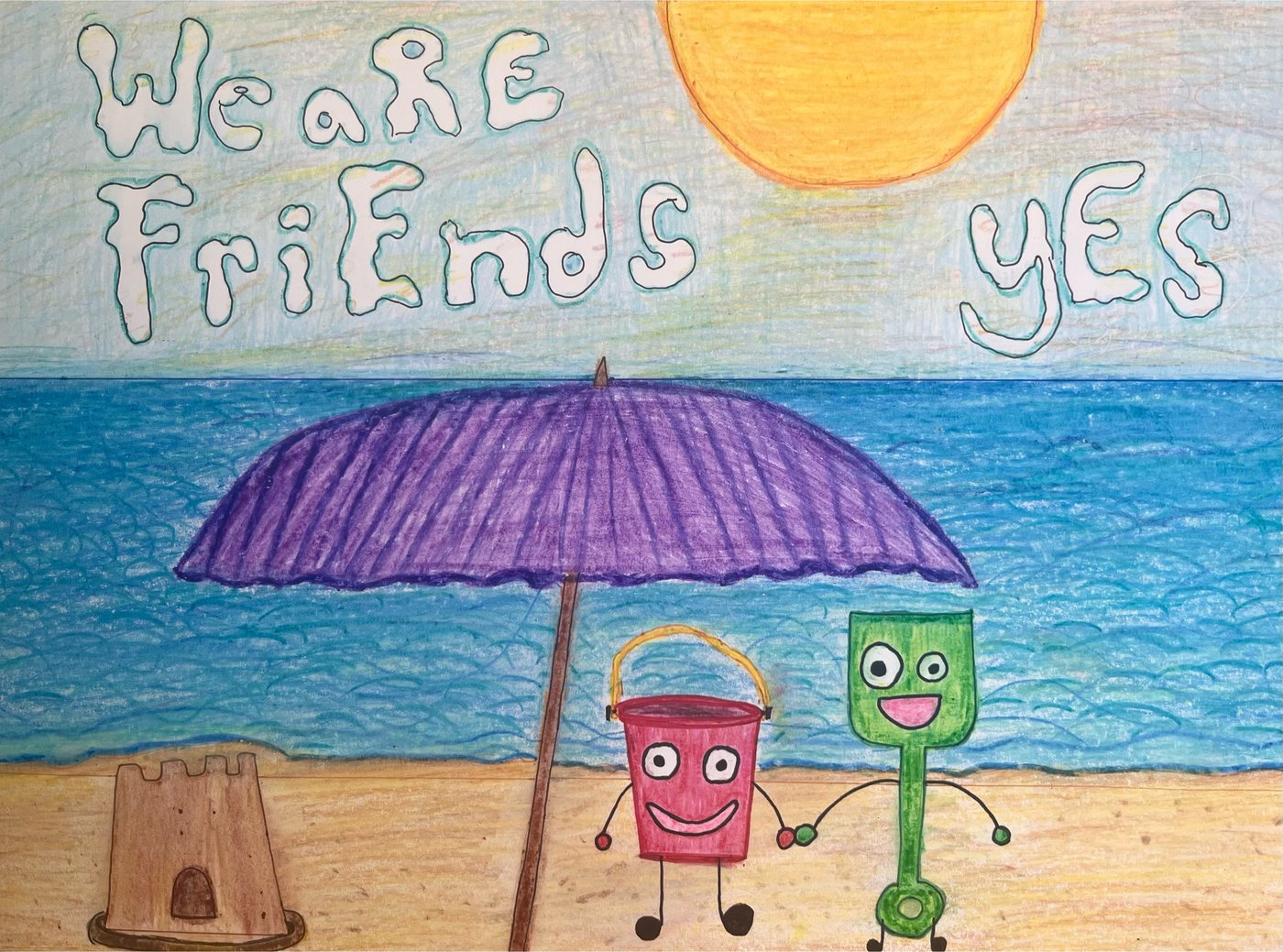 A bucket and shovel holding hands on the beach