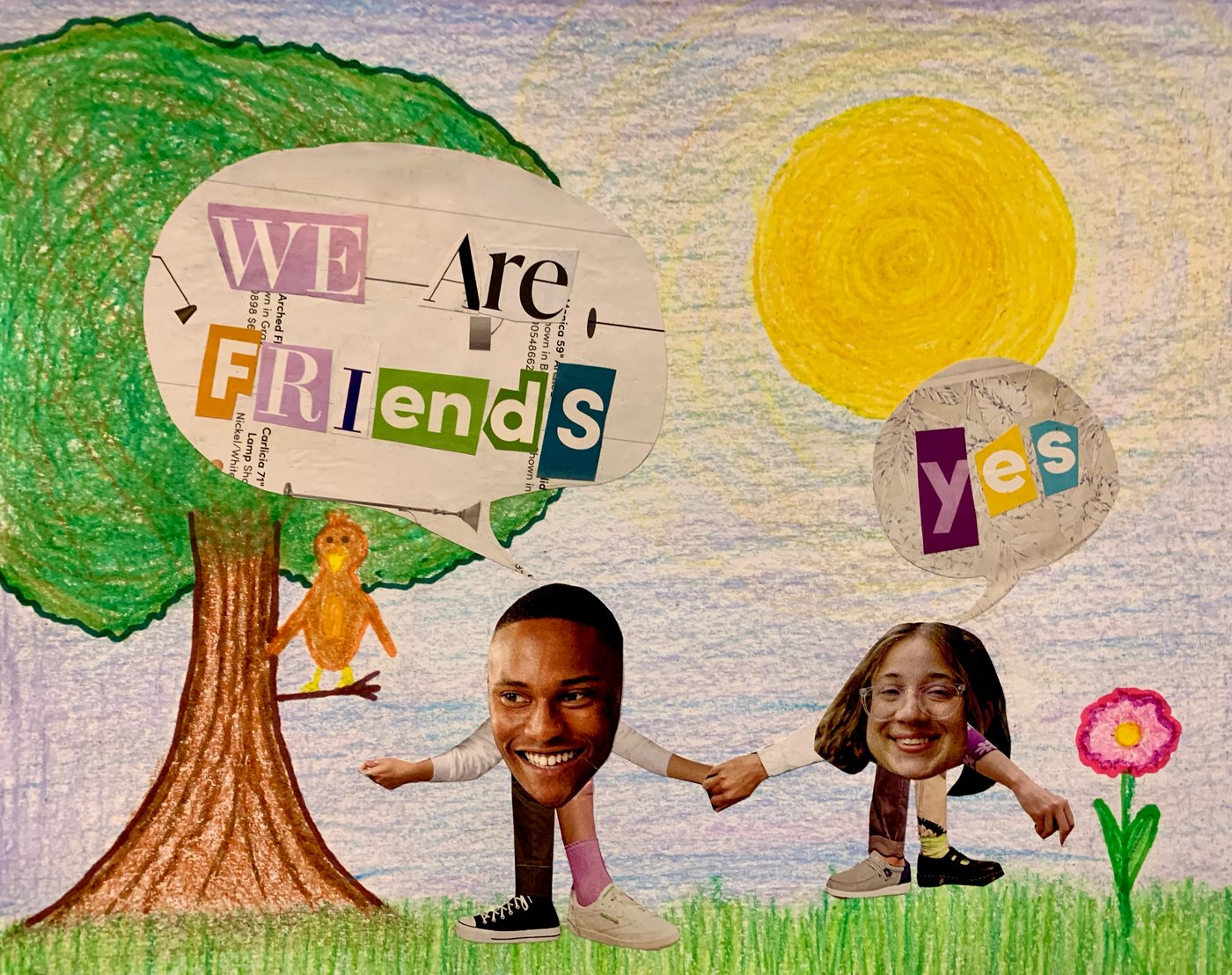 Collage friends holding hands beside a drawn tree and sun