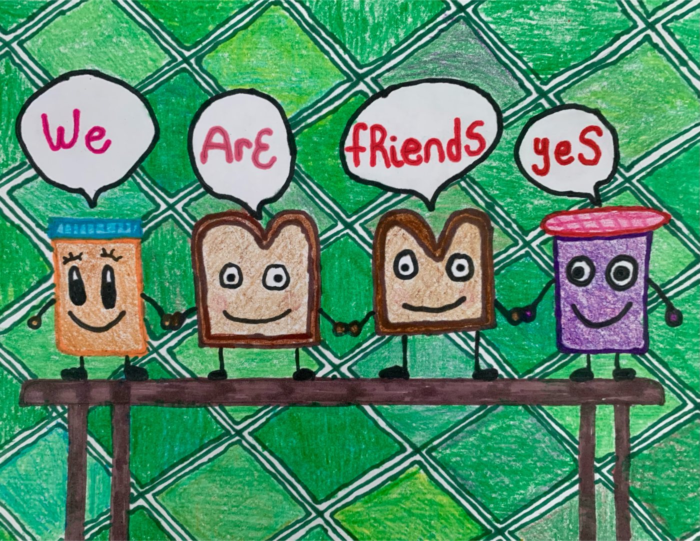 Peanut butter, bread, and jelly holding hands on a table