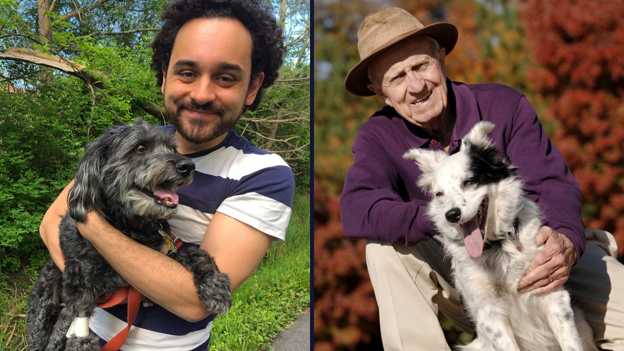 Jordan Bianchi holding Beethoven, beside Dr. John Pilley with Chaser the Border Collie